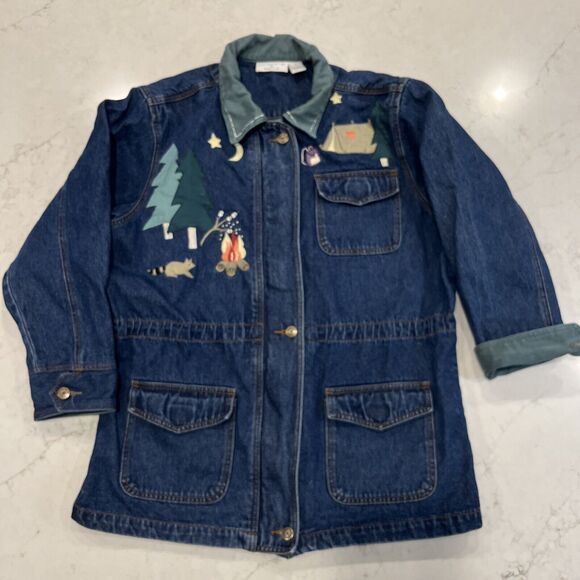Christopher Banks Sz L Vintage Embroidered Denim Jean Jacket Camping Patchwork - Picture 1 of 13